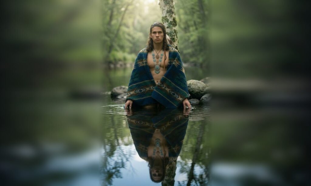 Wiingashk Courchane standing in a forest river beside a birch tree, wrapped in a blue patterned blanket and wearing turquoise jewelry