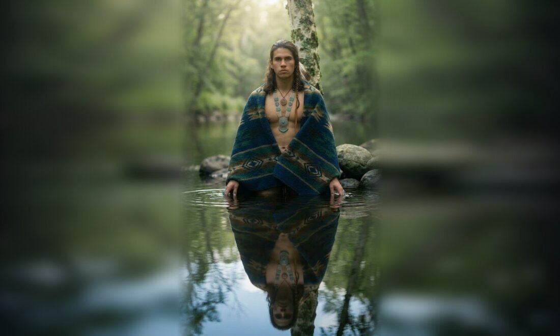 Wiingashk Courchane standing in a forest river beside a birch tree, wrapped in a blue patterned blanket and wearing turquoise jewelry