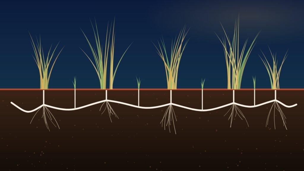 Illustration of sweetgrass plants linked underground by white rhizomes that send up new shoots